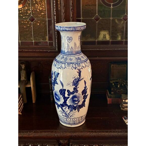 Extra-Large Vintage Blue & White Porcelain Vase – 23” - Picture 1 of 4